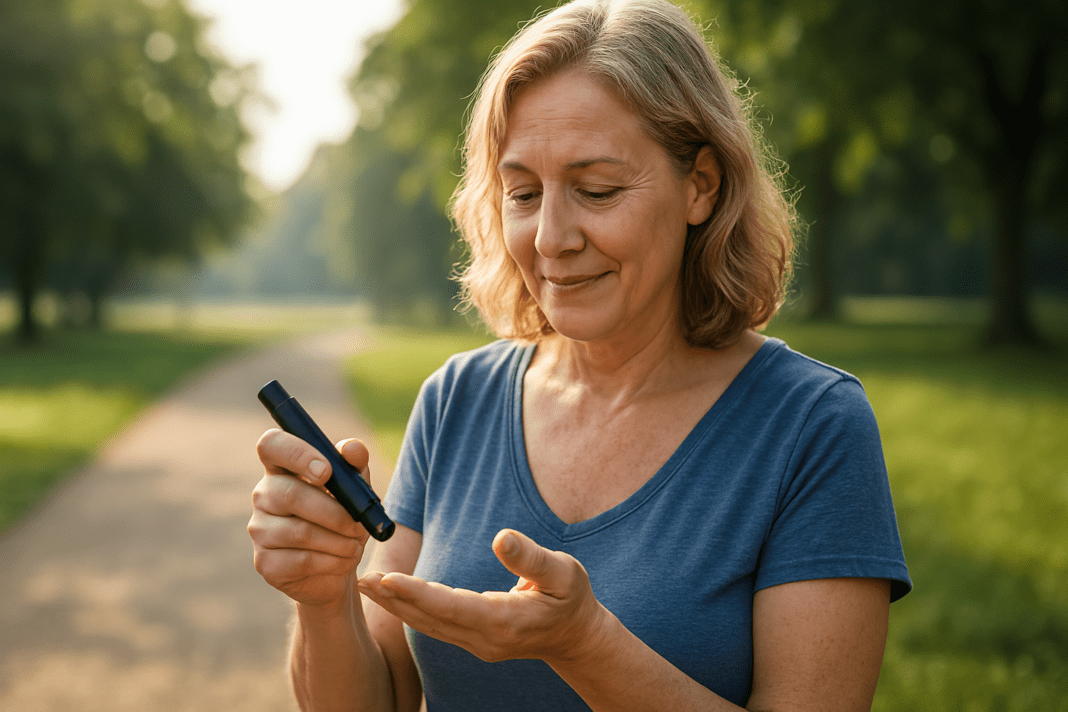 A photograph captures a middle-aged Caucasian woman standing in a sunlit park during early morning, checking her blood sugar with a lancet. The scene features soft natural lighting and a serene outdoor setting, reflecting the emerging natural alternatives to Ozempic for diabetes management.