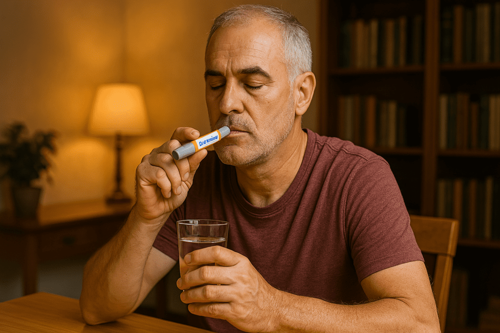 A photorealistic image shows a middle-aged man in a warmly lit room holding a labeled Ozempic injector and a glass of water, symbolizing current injectable treatments as newer Ozempic alternatives gain attention for diabetes care. The scene highlights warm ambient lighting, a homey atmosphere, and a personal health routine.