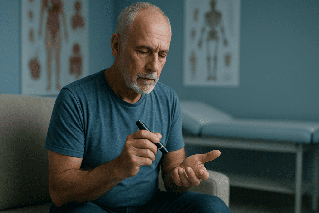 A realistic image depicts an older man with white hair and a beard in a medical room using a blood sugar lancing device, symbolizing emerging alternatives to Ozempic. The setting features cool clinical lighting, an exam table, and health posters, creating a focused and informative mood for diabetes management.