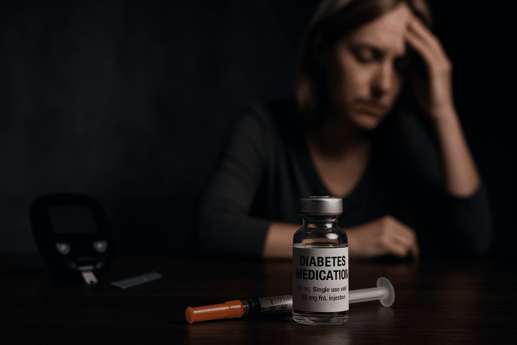 A close-up image shows a vial labeled “Diabetes Medication” beside a syringe on a dark wooden table, set against a moody backdrop with dramatic shadows and cool lighting. A blurred glucose monitor and a distressed woman in the distance emphasize the emotional weight behind emerging Ozempic alternatives and the search for safer diabetes treatments.
