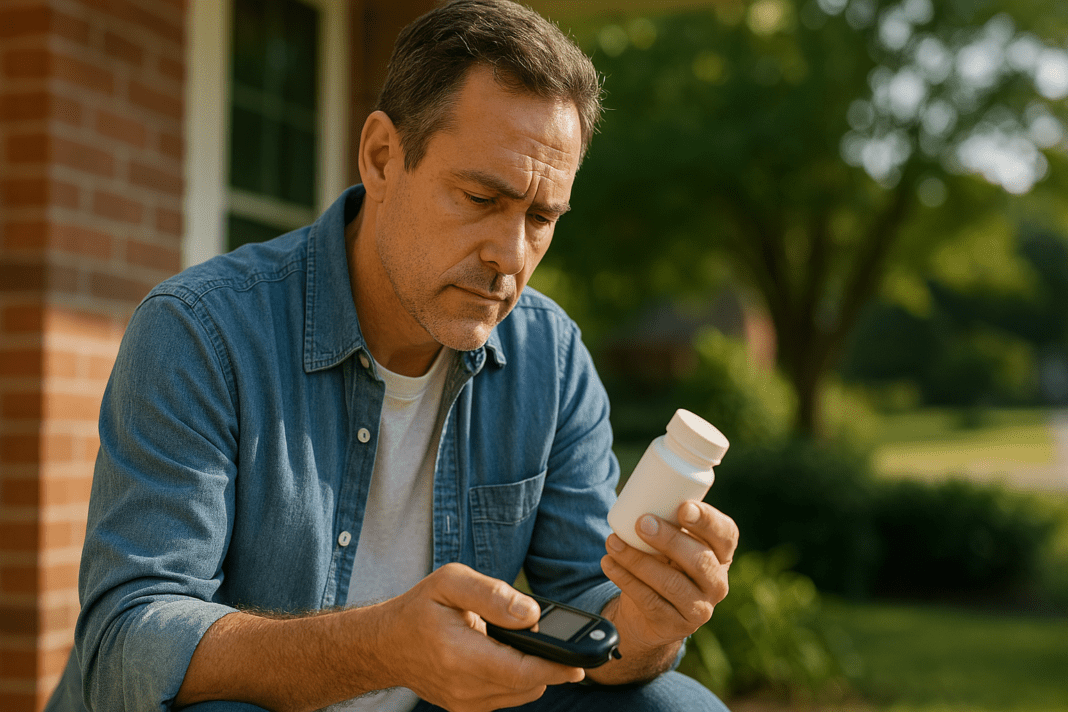 A middle-aged man sits alone on a front porch bathed in soft natural morning light, examining a bottle of over-the-counter medication in one hand and a blood glucose monitor in the other. The serene suburban setting and calm expression evoke thoughtful consideration of nonprescription options for blood sugar control.