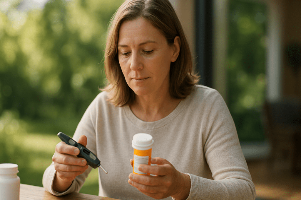 A middle-aged woman with light brown hair sits outdoors, focused on a glucose meter in her left hand and a bottle of over-the-counter medicine in her right. The scene is bathed in warm, golden sunlight, highlighting the woman’s thoughtful expression and the lush garden behind her.