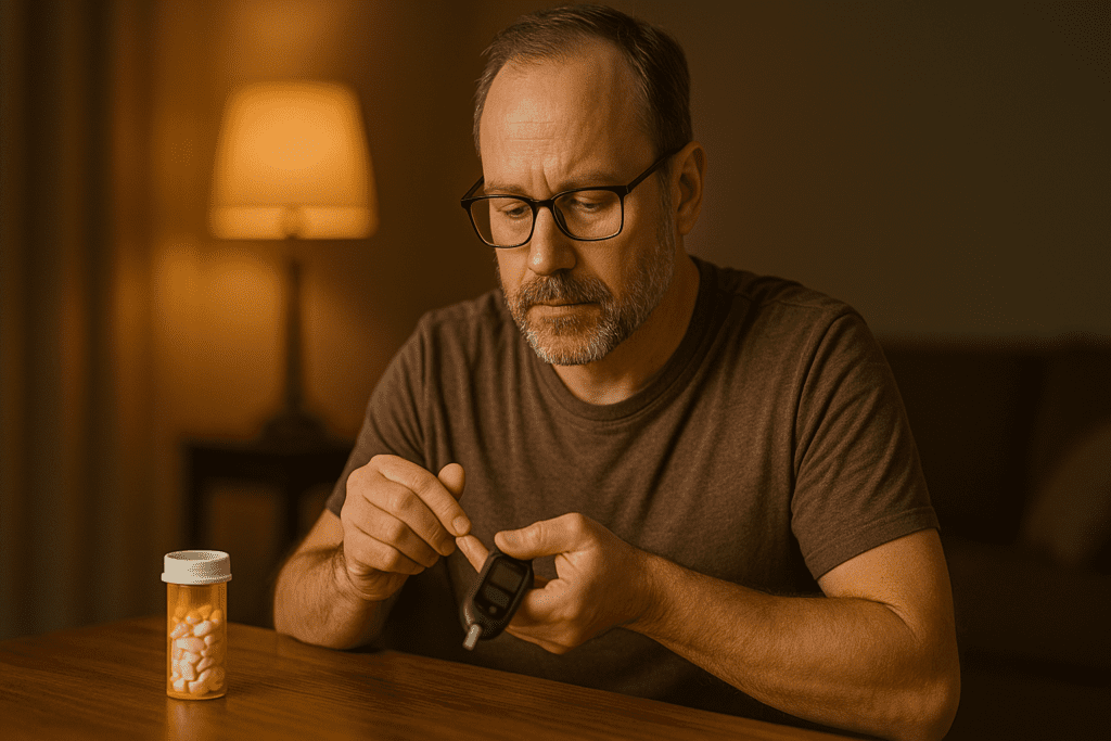 A middle-aged man with a gray-streaked beard and glasses is seated at a wooden table. He examines a glucose meter in his right hand, while gently pinching his index finger with his left. The soft glow of indoor lighting emphasizes his pensive mood, with an orange pill bottle beside him.
