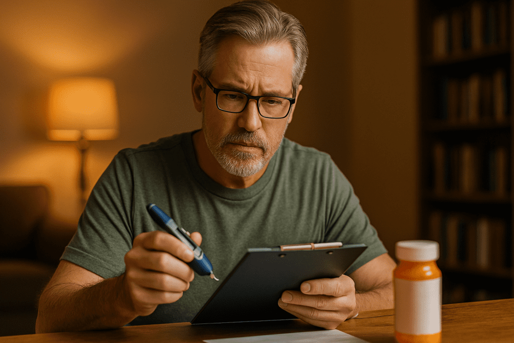 A middle-aged man with gray hair and a beard examines a document in one hand and holds a glucose meter in the other. He is seated at a rustic wooden table, surrounded by soft lighting and a bookshelf, with a pill bottle in soft focus on the table. The cozy, warm lighting reflects the intimate nature of the scene.