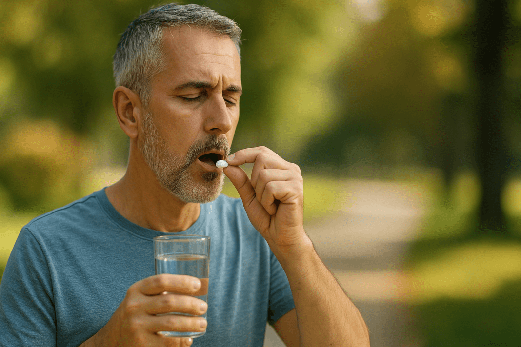A middle-aged man with salt-and-pepper hair stands in a sunlit park, preparing to take a tablet with a glass of water in hand. The soft natural morning light filters through green trees, creating a calm, outdoor setting that symbolizes the science of hypoglycemic oral medications and natural approaches to blood sugar control.
