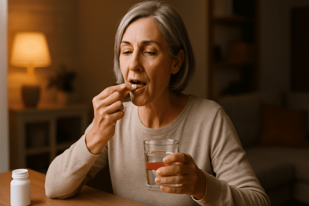 A middle-aged woman with short gray hair takes a white pill at a wooden dining table under warm indoor ambient lighting. The cozy living room setting with soft shadows and muted tones reflects the personal routine behind using low blood sugar medications for diabetes care.