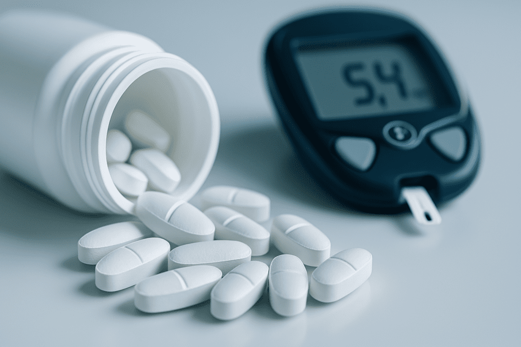 A tipped-over white pill bottle spills smooth oval tablets onto a glossy surface, with a digital glucometer in the cool clinical background reading 5.4. The clean, minimalist composition under bright lighting emphasizes the function and precision of hypoglycemic oral medications.