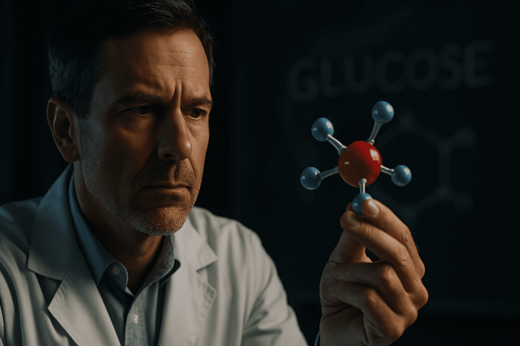 In a dimly lit lab with moody shadows, a middle-aged male scientist inspects a transparent glucose molecule model at eye level. The dramatic lighting and scientific backdrop reinforce the emerging research behind how hypoglycemic oral medications work at a molecular level.