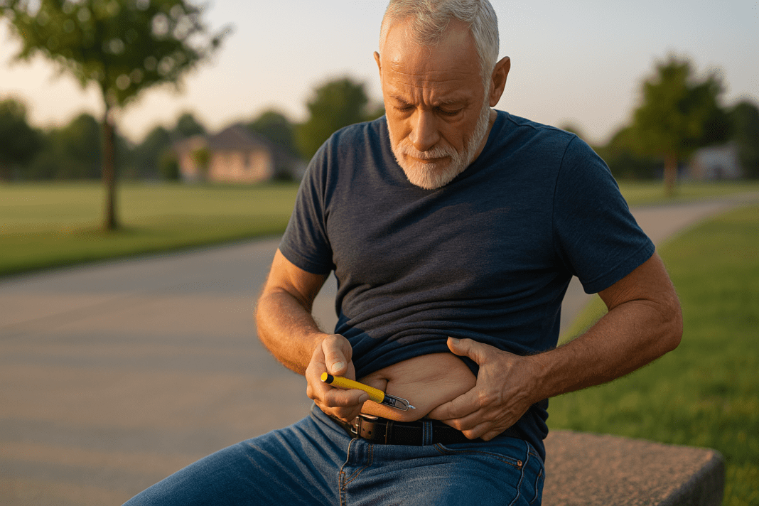 An older man with a fit build sits in a peaceful suburban park under soft morning light, administering his weekly diabetes injection. The setting emphasizes the natural simplicity of once-a-week type 2 diabetes shots in a calm outdoor environment.