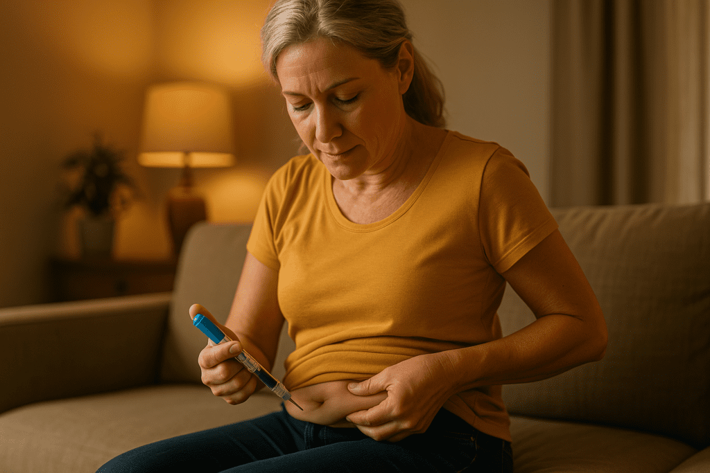 A middle-aged woman administers her weekly diabetes shot at home in a softly lit living room, focusing calmly as she uses an insulin pen. The warm ambient lighting and cozy interior convey comfort and routine in managing type 2 diabetes with weekly injections.