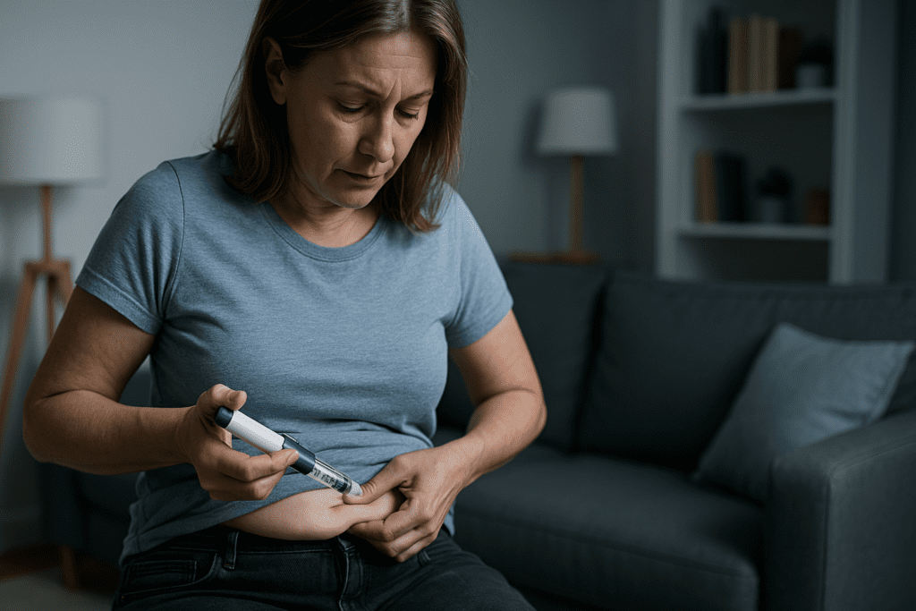 A middle-aged woman sits in a well-lit modern living room, injecting her weekly type 2 diabetes medication with focused care. The clean, clinical lighting enhances clarity, symbolizing the routine nature and scientific precision of once-a-week diabetes injections.