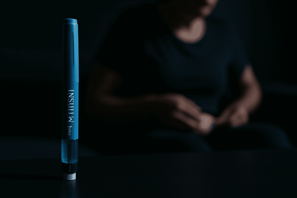 A close-up of a blue insulin pen labeled "INSULIN" stands on a dark matte surface, bathed in moody lighting with dramatic shadows. The focused composition symbolizes the significance of weekly diabetes injections for type 2 diabetes management and weight loss in a visually striking way.