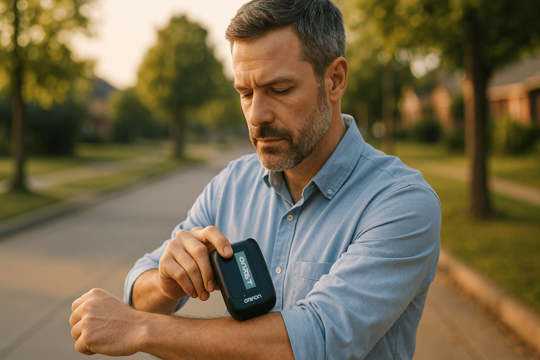 A high-resolution photograph captures a Caucasian man in his 40s using a non-invasive Omron blood glucose monitor on his forearm while standing on a quiet suburban street in soft morning light. The image subtly emphasizes breakthrough innovation in glucose monitoring with a serene, natural backdrop and golden tones suggesting early-day routine.
