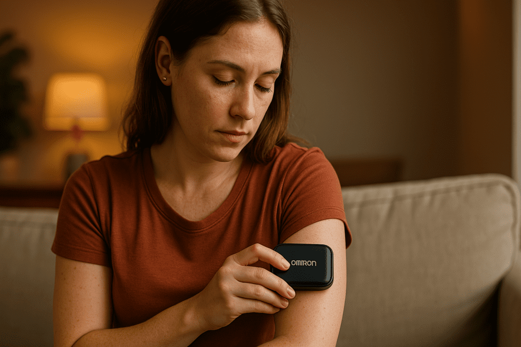 A photorealistic image shows a young Caucasian woman with long chestnut hair using a sleek Omron non-invasive blood glucose monitor in a softly lit living room. The warm ambient light and modern indoor setting evoke comfort and everyday health management, reinforcing themes of innovation and personal wellness.