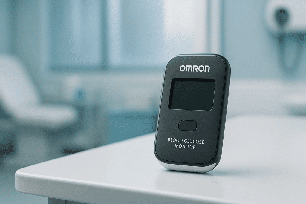 A photorealistic image of a sleek Omron non-invasive blood glucose monitor resting on a white examination table in a clean, modern clinical setting. The cool-toned lighting and minimal background emphasize medical precision and the futuristic appeal of innovative glucose monitoring technology.