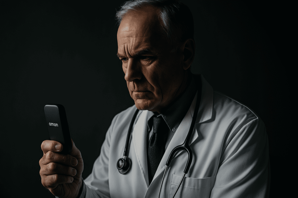 A high-resolution image of an older male doctor in a white lab coat examining an Omron non-invasive blood glucose monitor under moody lighting with dramatic shadows. The dark, clinical background and his focused gaze convey a sense of critical evaluation and the tension between medical breakthrough and skepticism.
