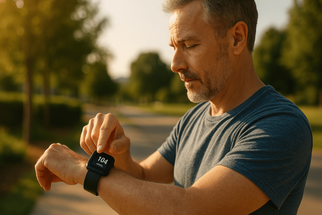 A middle-aged man stands in a quiet suburban neighborhood wearing a smart glucose monitor on his wrist, checking his blood sugar without pricking his finger under soft morning sunlight. The natural light highlights the practical use of non-invasive glucose monitors in daily outdoor settings, visually reinforcing emerging blood sugar technology.
