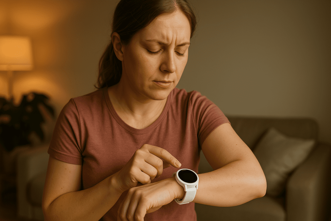 A young woman in a warmly lit living room checks her blood sugar using a smartwatch-style non-invasive glucose monitor, emphasizing modern convenience and health technology. The scene highlights the practicality of checking blood sugar without finger pricks in a peaceful home environment.