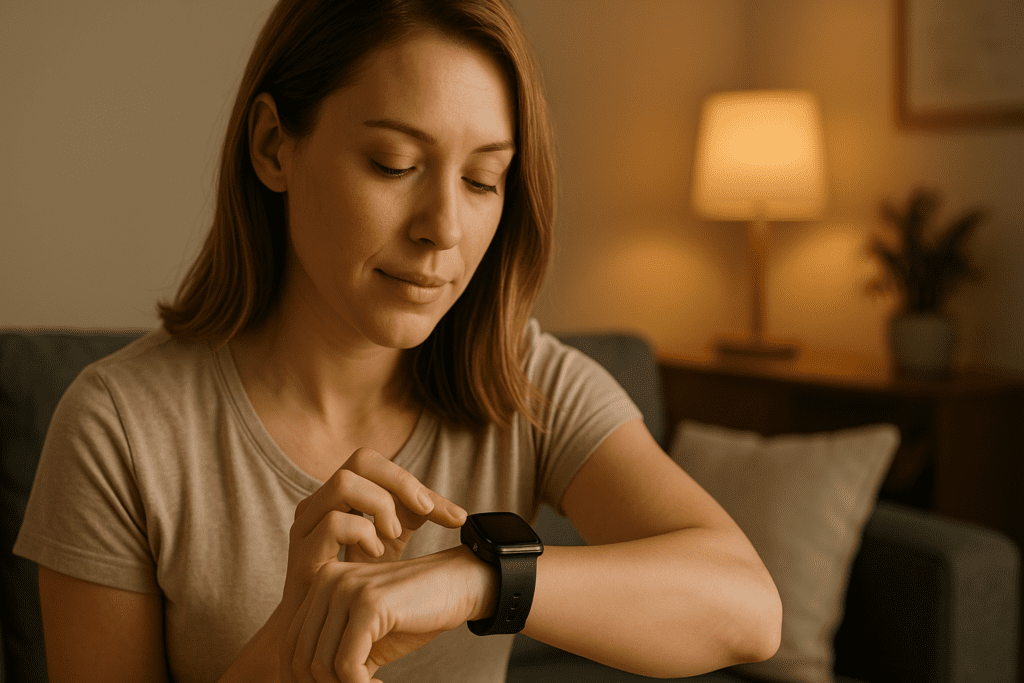 A woman in a softly lit living room checks her blood sugar with a sleek non-invasive device on her wrist, surrounded by warm-toned decor and subtle ambient light. This scene showcases how modern glucose monitors offer a painless, fingerstick-free way to manage diabetes in comfortable home settings.