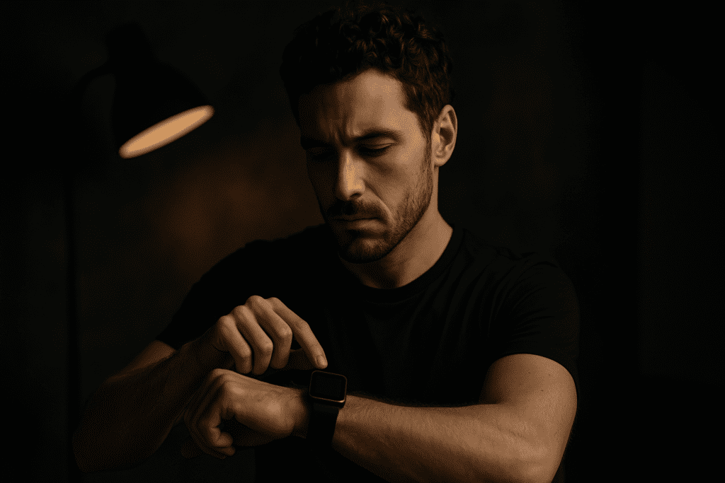 A young man with curly hair uses a non-invasive glucose monitor under moody, dramatic lighting that casts soft shadows and emphasizes his concentration. The scene illustrates how advanced blood sugar monitoring technology can be seamlessly integrated into daily life without finger pricks, even in minimalist indoor settings.