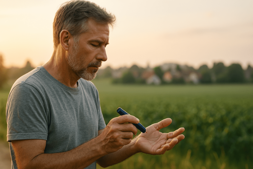 A photograph captures a middle-aged Caucasian man outdoors at dawn, focused on checking his blood sugar with a glucose meter. Soft natural morning light casts a serene glow, evoking the quiet connection between early-day routines and diabetes management through the lens of microbiome activity.