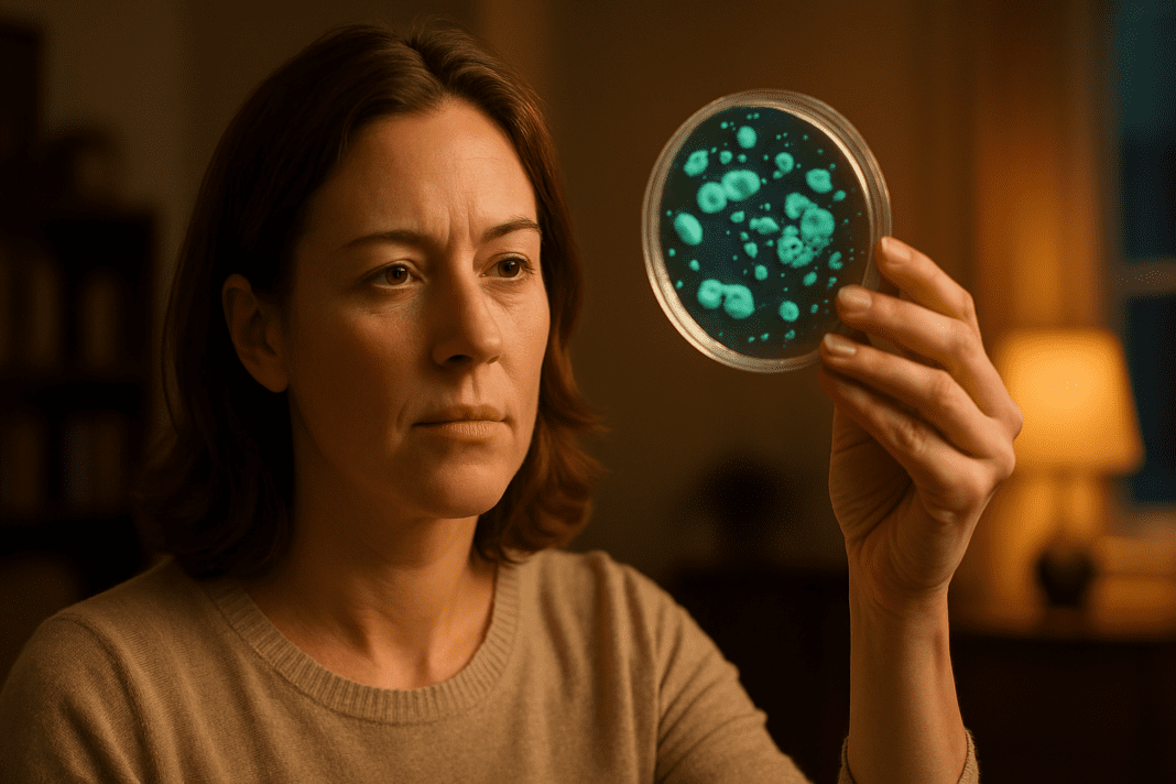 A photograph shows a Caucasian woman with shoulder-length chestnut hair examining a glowing Petri dish in a warmly lit indoor space, evoking scientific curiosity. The ambient lighting and bioluminescent bacteria in the dish emphasize the connection between gut microbiome research and nighttime bacterial activity related to diabetes.