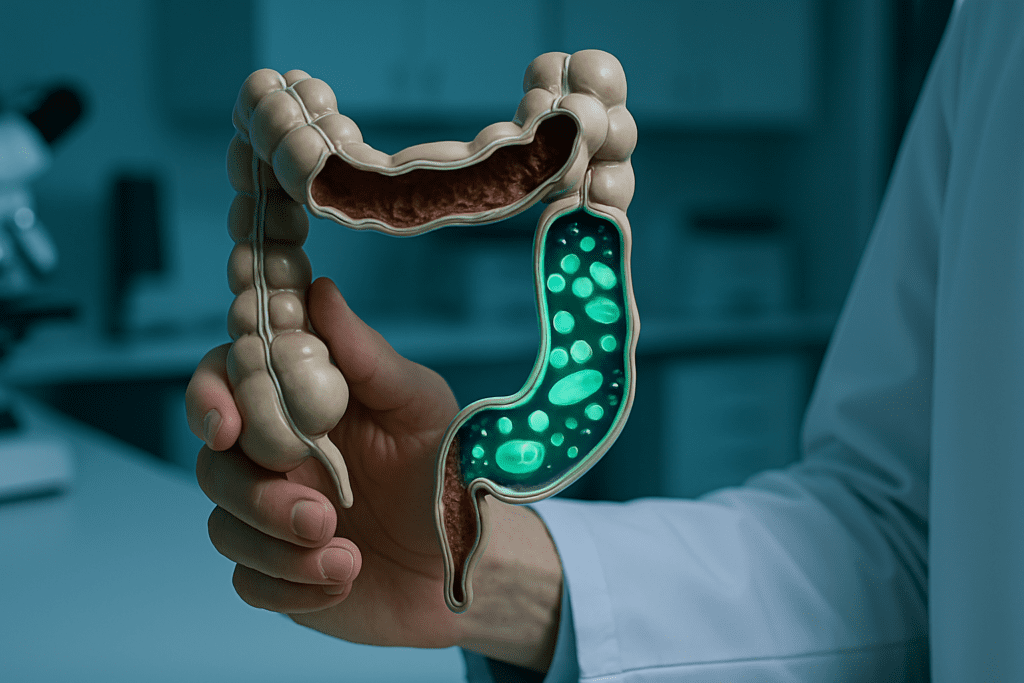 A digital photograph taken in a laboratory features a close-up of a hand holding a 3D model of the human colon, with glowing green bacteria highlighted under cool clinical lighting. The scene symbolizes emerging research on nocturnal gut bacteria like Prevotella and their link to diabetes.