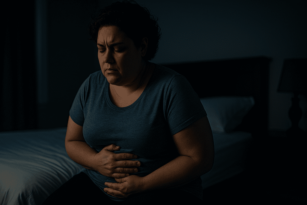 A photograph captures a light-skinned woman with short curly hair sitting on a bed at night, holding her stomach in visible discomfort. The moody lighting and shadowed bedroom setting reflect the connection between gut distress, nighttime microbiome activity, and diabetes symptoms.