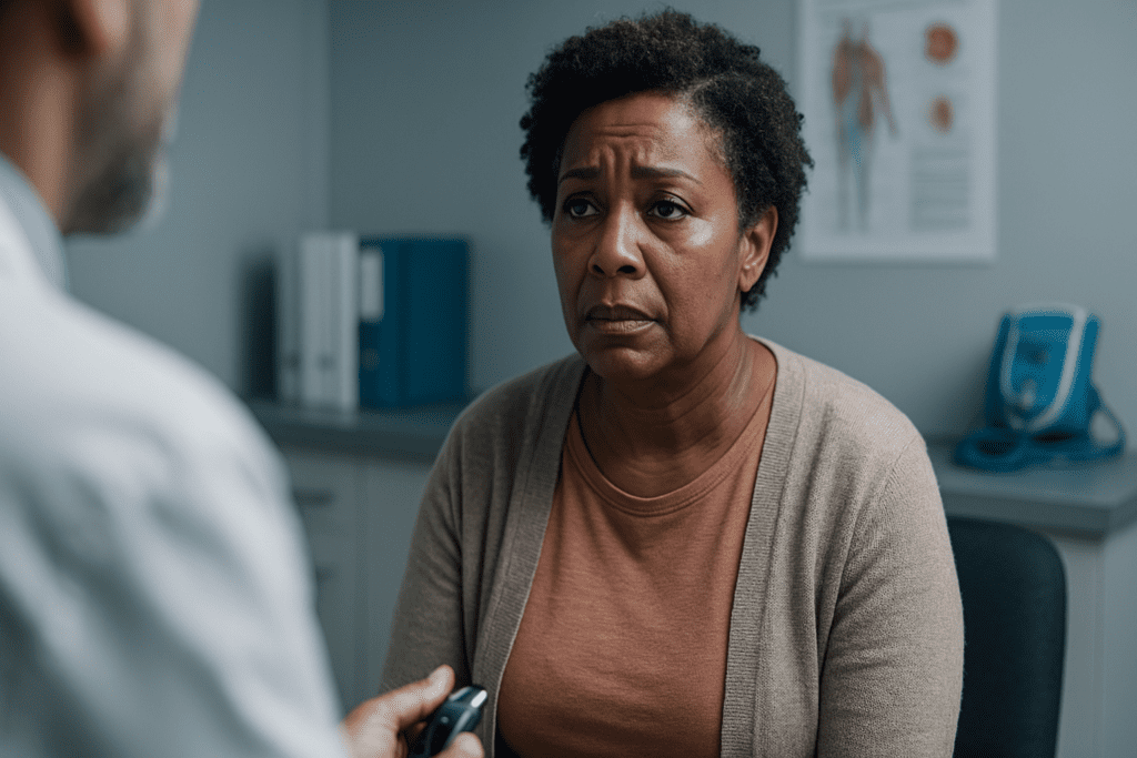 A wide-angle photo of a middle-aged African American woman in a modern medical office, her face showing concern as she listens to a healthcare provider explain her recent type 2 diabetes diagnosis. Cool clinical lighting and minimal decor emphasize the seriousness of early diabetes management.