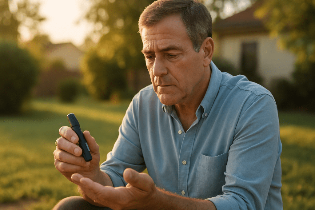 A close-up photo of a middle-aged man sitting outdoors in the soft morning light, checking his blood sugar with a glucose meter. The natural background and warm lighting evoke a calm mood, illustrating the early stages of managing type 2 diabetes after diagnosis.