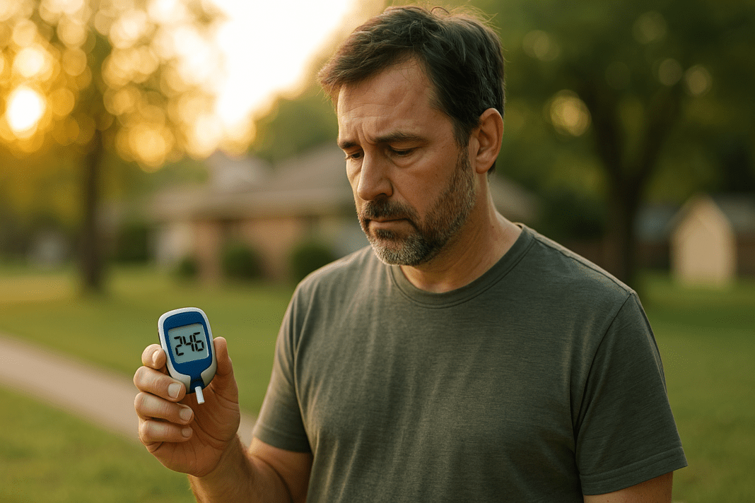 A photograph captures a middle-aged Caucasian man in a quiet suburban neighborhood at sunrise, intently reading his blood glucose monitor showing a high reading. The scene uses soft natural morning light to reflect the early stages of managing type 2 diabetes with a realistic, contemplative mood.