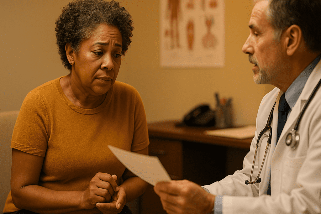A photorealistic image of a middle-aged African American woman sitting in a softly lit doctor's office, listening with concern as her doctor discusses her recent type 2 diabetes diagnosis. The warm indoor lighting and subtle background medical elements enhance the serious and intimate tone of early intervention.
