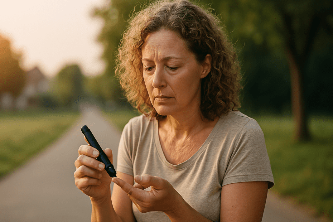 A photograph captures a middle-aged Caucasian woman in a casual hoodie checking her blood sugar outdoors during a calm morning. Soft natural sunlight filters through trees, subtly illuminating her concerned expression, emphasizing early signs of diabetes in women over 40 in a peaceful suburban park setting.