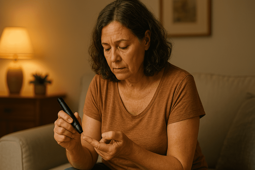 A photograph of a middle-aged Caucasian woman with graying hair shows her sitting on a beige couch under warm indoor lighting as she checks her blood glucose. The cozy living room setting and her concentrated gaze reflect the importance of monitoring early diabetes signs in women over 40.
