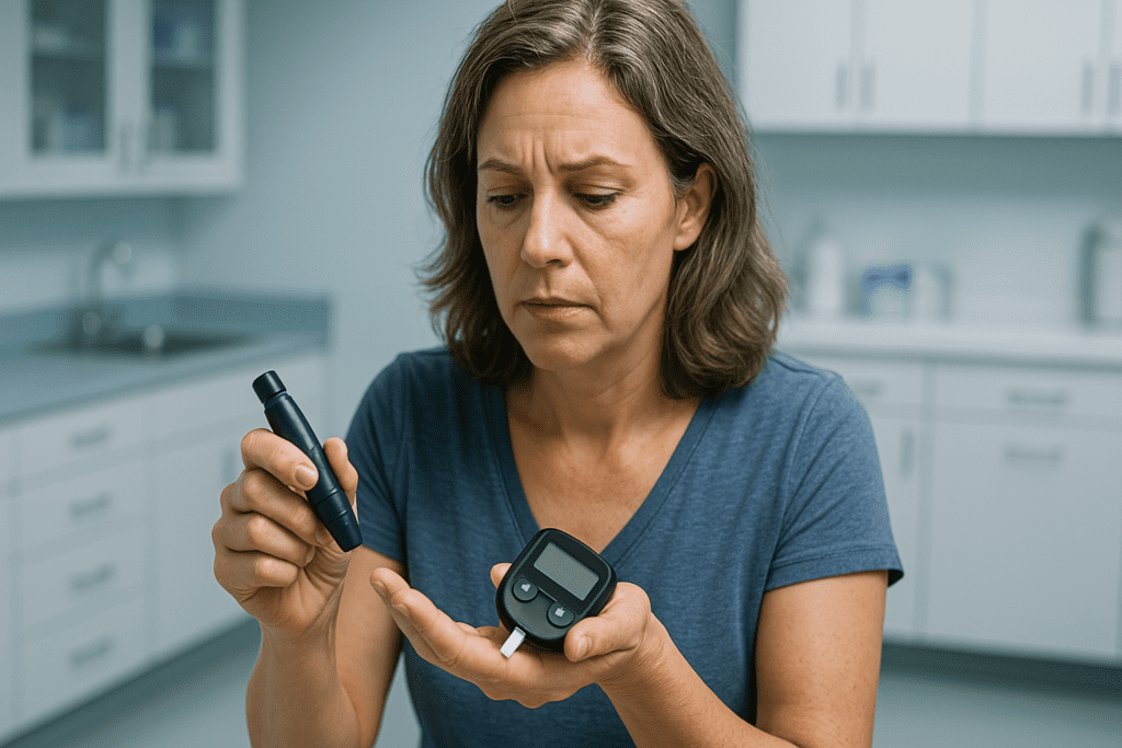 A digital photograph depicts a woman in her forties testing her blood sugar in a brightly lit medical clinic with cool white lighting. Her serious expression and the sterile, clinical setting emphasize the critical nature of detecting early diabetes symptoms in women over 40.