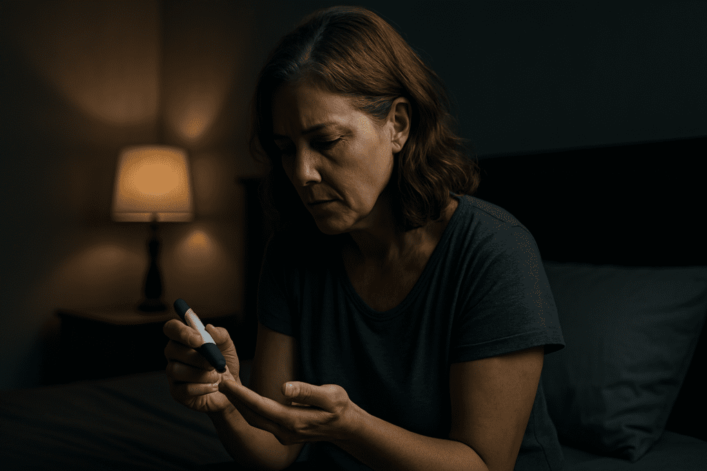 A photograph captures a middle-aged woman with shoulder-length gray-streaked hair pricking her finger with a glucose meter in a dimly lit bedroom. The moody lighting and soft shadows underscore the emotional weight and urgency of recognizing nighttime signs of diabetes in women over 40.