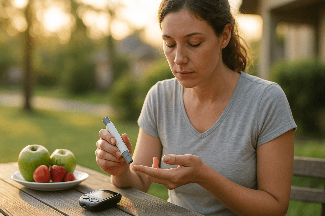 A young woman with light skin checks her blood sugar using a glucometer while sitting outdoors in soft morning light, surrounded by fresh produce on a wooden table. This photorealistic image visually represents the role of diet and self-monitoring in diabetes reversal, blending a natural setting with a health-focused action.