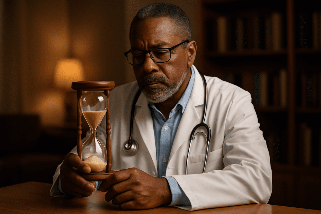 An elderly African American male doctor in a warm indoor setting holds a wooden hourglass in his lap, gazing at the flowing sand in quiet reflection. This image symbolically represents the passage of time in reversing type 2 diabetes through consistent dietary and medical strategies, captured in ambient evening lighting.