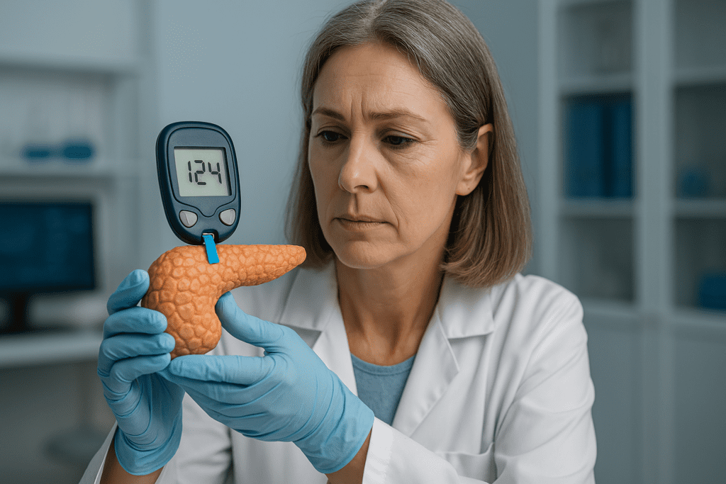 A female medical researcher in a cool, clinically lit lab holds a 3D-printed pancreas with a glucose monitor attached, reading 124. This image captures the scientific investigation into diabetes reversal and organ-specific diet therapies using modern biotechnology tools.