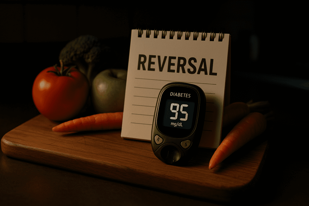 A moody kitchen scene features a glucometer showing a healthy blood sugar reading of 95 mg/dL, a handwritten note reading “REVERSAL,” and a selection of fresh vegetables arranged on a wooden board. Dramatic lighting and shadows highlight the concept of using diet to reverse diabetes.