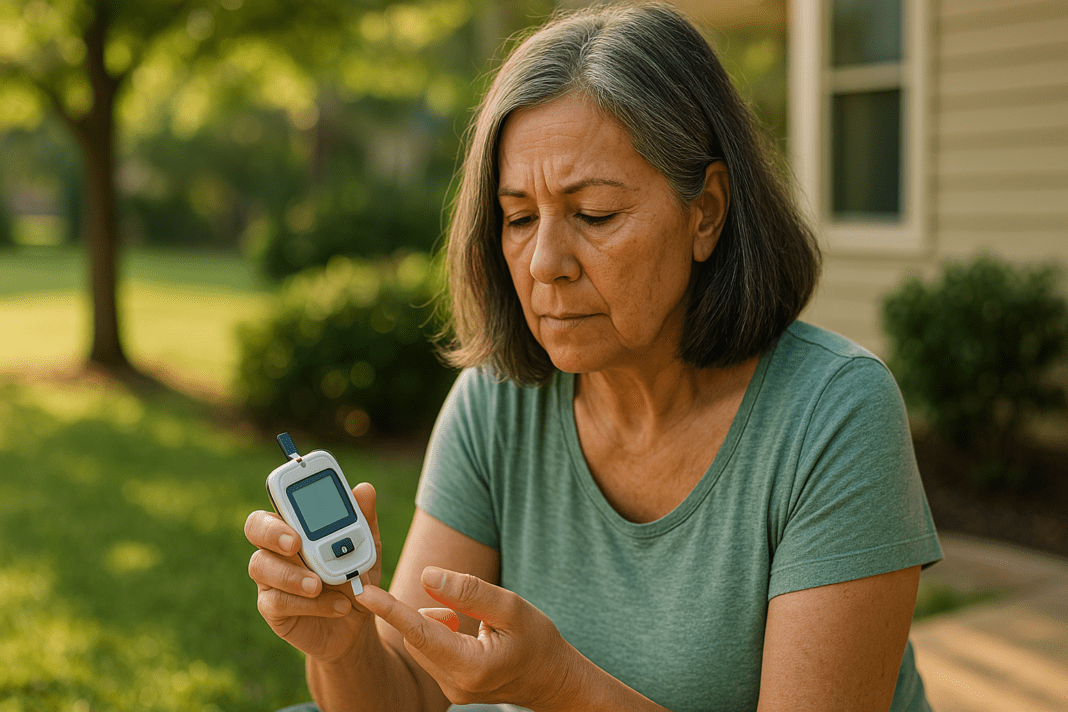 A middle-aged woman sits alone in a suburban backyard during early morning light, checking her blood sugar with a glucometer. This photorealistic image captures a natural, peaceful setting that illustrates the real-world impact of affordable diabetes drug breakthroughs on daily blood sugar monitoring.