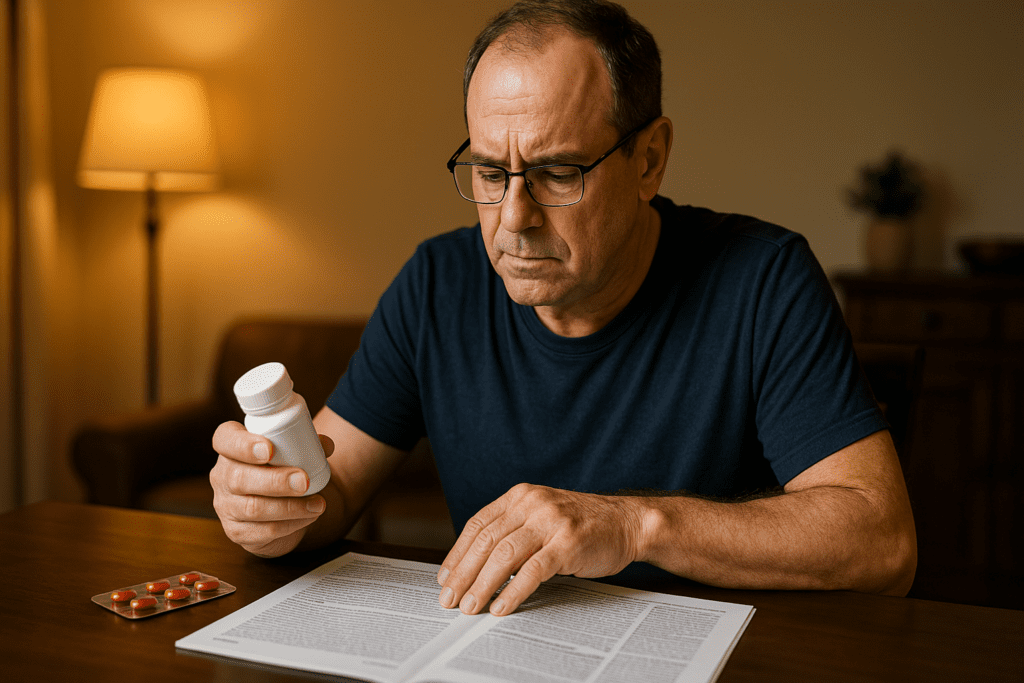 A middle-aged man sits at a wooden table in a warmly lit dining room, studying a pill bottle while referencing a diabetes research journal. The ambient indoor lighting and focused scene highlight the growing interest in low cost diabetes drugs for managing blood sugar safely at home.