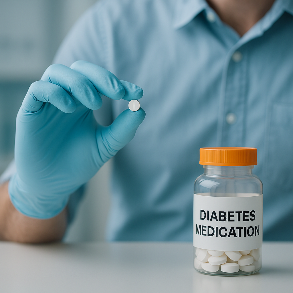 In a brightly lit clinical environment, a gloved hand carefully holds a single white diabetes tablet near a labeled prescription bottle. This detailed close-up visually emphasizes the science behind affordable diabetes medication and reinforces the role of low-cost drugs in blood sugar control.