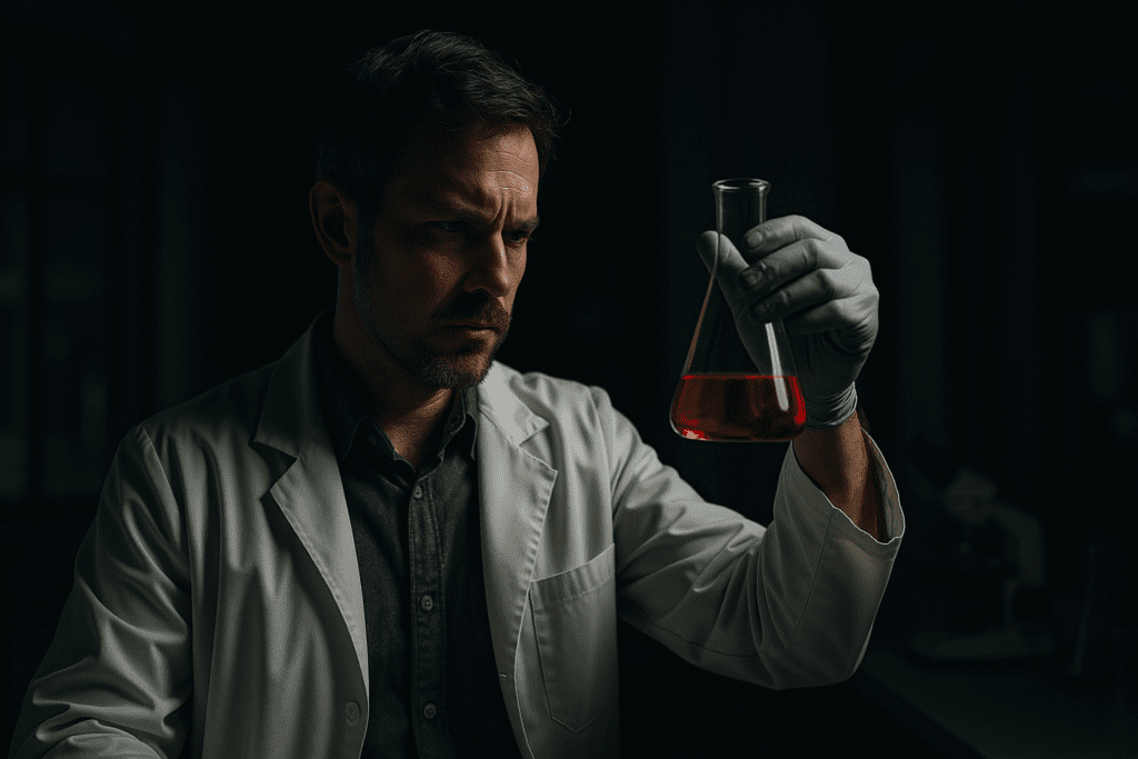 A scientist observes a red liquid in a laboratory flask under moody, low lighting, with deep shadows accentuating his focused expression. This dramatic nighttime image symbolizes breakthrough diabetes drug research and underscores the relentless pursuit of low-cost treatment options for blood sugar management.