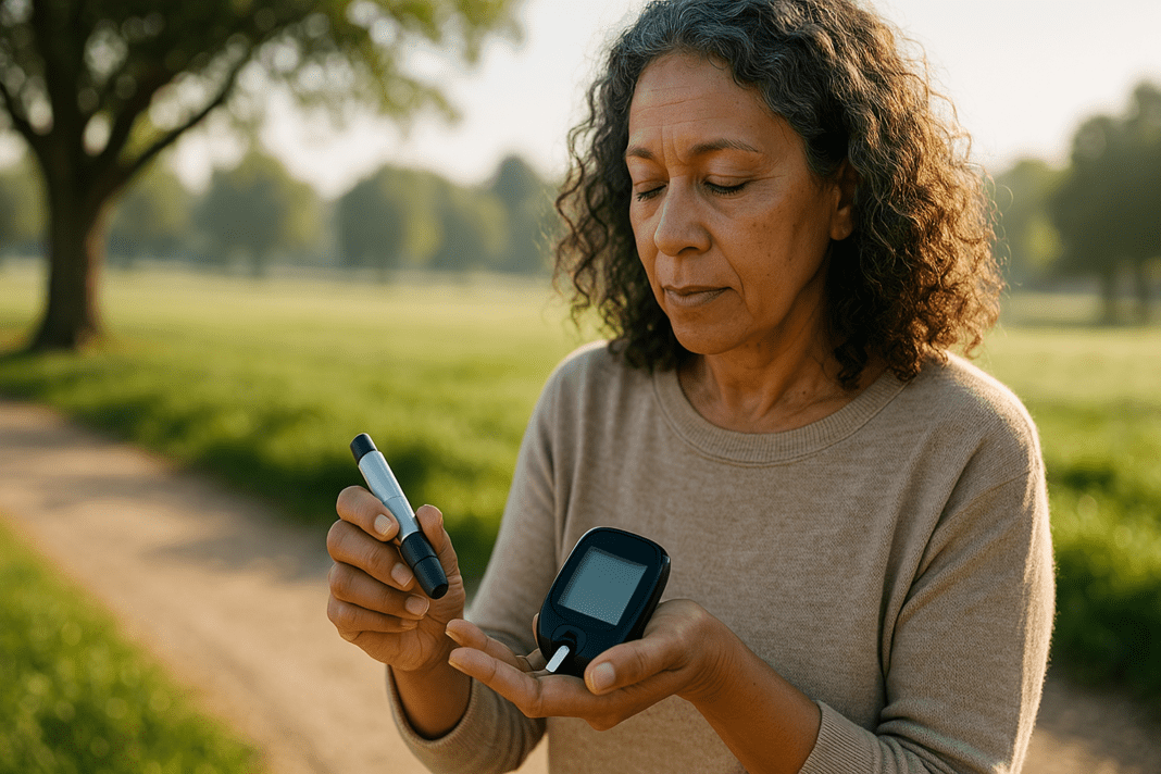 A middle-aged woman with curly gray-black-brown hair uses a glucose meter in a peaceful morning park setting, soft natural sunlight illuminating her focused expression. This scene highlights personal diabetes management and the importance of monitoring in natural, everyday environments.