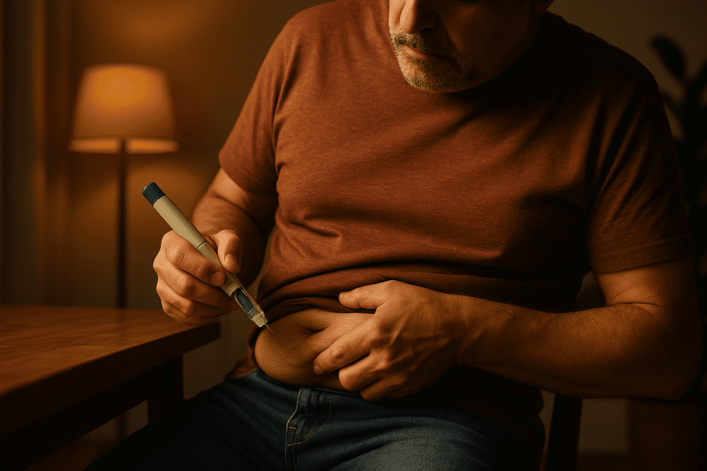 A person with light skin sits at a wooden table in a warmly lit room, calmly administering an insulin injection into their abdomen using an insulin pen. The indoor ambiance with earthy colors and soft lighting reflects a comfortable home setting for Type 2 diabetes self-care.