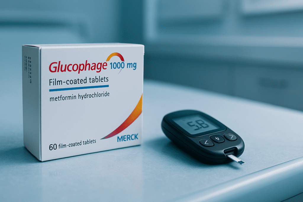 A close-up image of a Glucophage 1000 mg box and a blood glucose meter placed on a light blue exam table, illuminated by cool clinical lighting. This setting evokes a professional medical environment, highlighting current Type 2 diabetes treatments and monitoring tools.