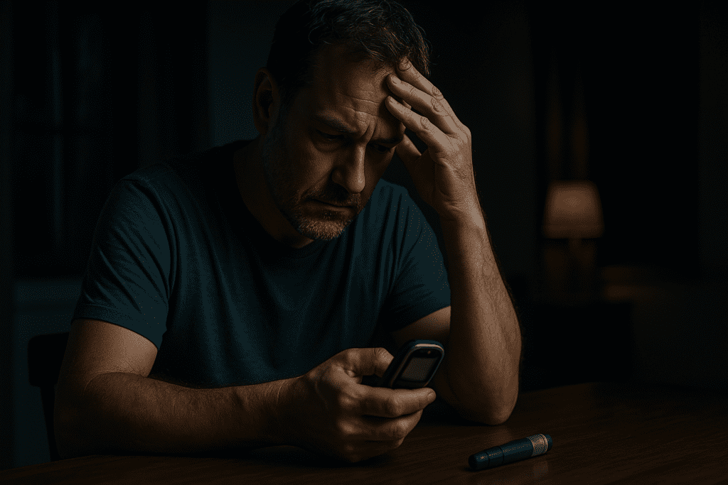 A middle-aged man with graying hair and a beard sits alone at a wooden table in moody lighting, gazing thoughtfully at a blood glucose meter in his hand. The dramatic contrast of shadows and warm lamp light evokes the emotional weight of long-term Type 2 diabetes management.