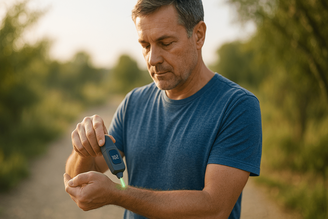 A middle-aged man stands on a dirt path surrounded by greenery, using a non-invasive laser glucose monitor on his arm under soft morning light. The serene outdoor setting and focused expression highlight the potential of laser technology for natural, needle-free blood sugar tracking.