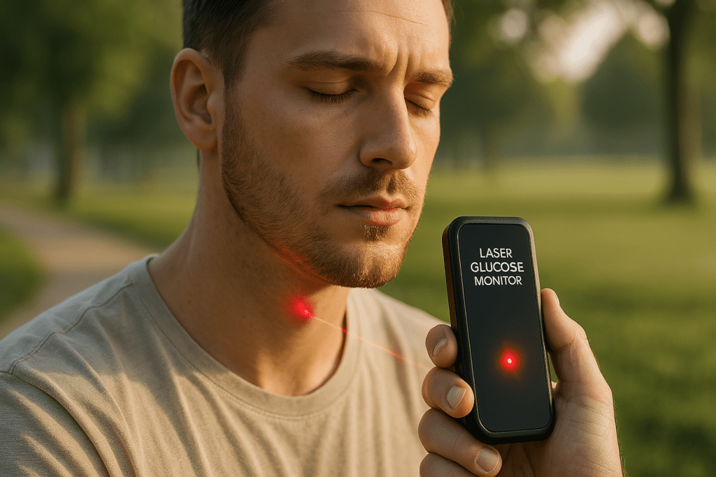 A young Caucasian man stands alone in a peaceful park at dawn, using a sleek, handheld laser glucose monitor on his neck. The soft natural morning light highlights his calm expression, emphasizing the non-invasive diabetes monitoring device in a serene outdoor setting.